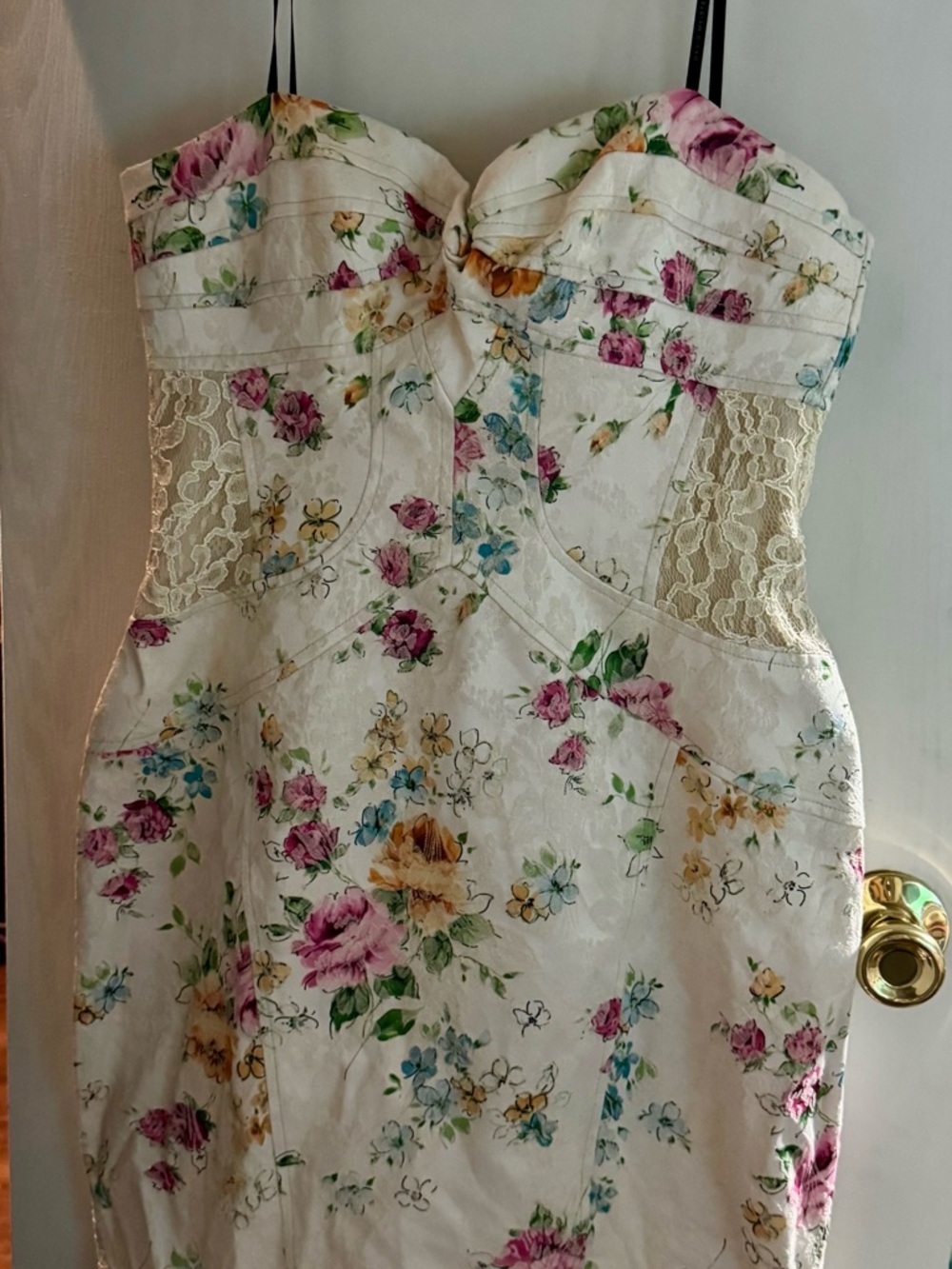 David Meister Strapless White Floral Lace-Panel Midi Dress
